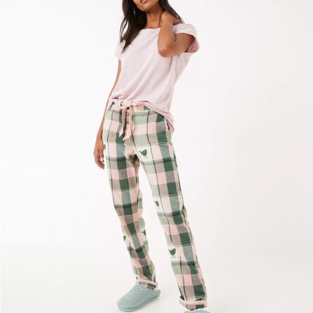 FATFACE Plaid Birdie Pajama Flannel Pants Pink Green Womens 4 US